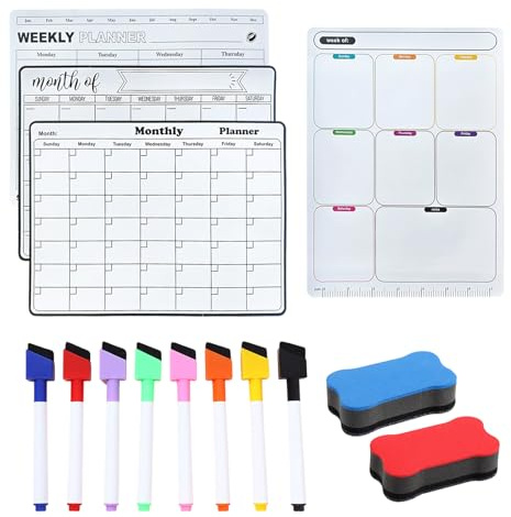 KIKAWORD Magnetic Fridge Planner 4PCS Magnetic Weekly and Monthly Daily Planner Whiteboard for Fridge,Mag_netic Calendar P_lanner for F_ridge with 8 Markers and 2 Eraser Boards, To Do List Organizer