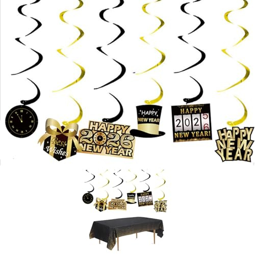 6 Stück Silvester Deko 2026 Neujahrdeko Set,2026 Happy New Year Girlande Spirale,Schwarz Gold Luftschlangen Silvester Hängedeko Wirbel,Neujahr Party Dekoration,Neujahr Deckenhänger Spiral Girlanden