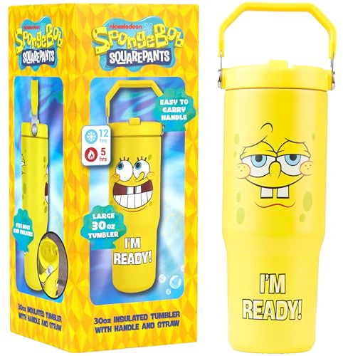 Get Trend Spongebob Squarepants Insulated Tumbler 850ml, Stainless Steel Water Bottle with Straw & Handle, 12H Cold & Hot 5H, Leakproof Double Walled Vacuum Travel Metal Flask (Yellow Spongebob)
