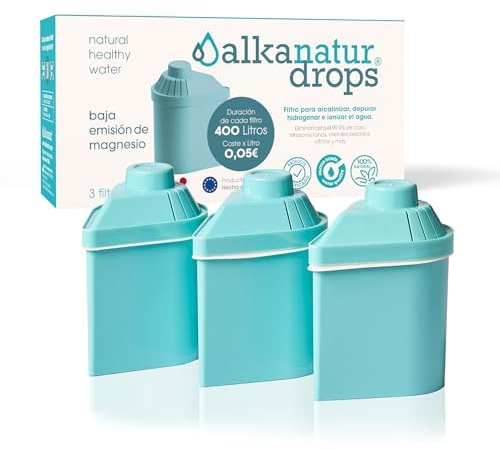 Pack 3 Filtros de Agua Grifo de Jarra Ecológicos ALKANATUR Bajas Emisiones | Agua Alcalina pH 9 Filtración Avanzada 400 Litros Magnesio Tecnología Alkamicronized Selective Fabricación Española