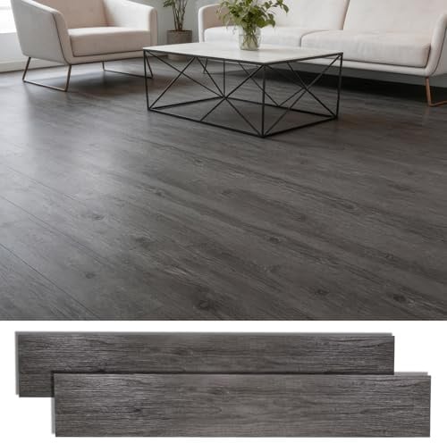PVC Bodenbelag Selbstklebend, 36 Stück Vinylboden Selbstklebend mit Holzoptik, Wasserfest Bodenfliesen Selbstklebends für Küche Wohnzimmer Bodenbelag, 2.0mm, 5.02m², 15,24 cm x 91,44 cm (Dunkelgrau)