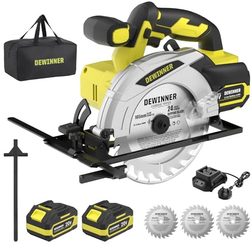 DEWINNER Sega Circolare,Sega Circolare per Legno 4000RPM,con 2*4,0Ah Batteria,Profondità & Angolo Regolabili 54mm(90°)-38mm(45°),3 Lame (165mm 24T) + Borsa Lino,Ideale per Taglio Legno (Due Batterie)
