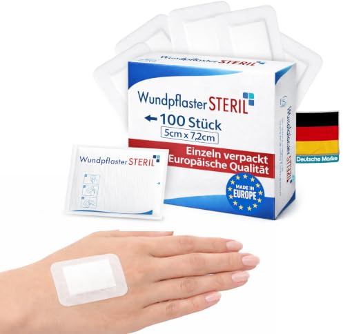 MedicalGut Wundpflaster steril 5x7,2 cm – 100 Stück einzeln verpackt | Selbstklebender Wundverband mit saugfähiger Wundauflage | Pflaster atmungsaktiv & hautfreundlich