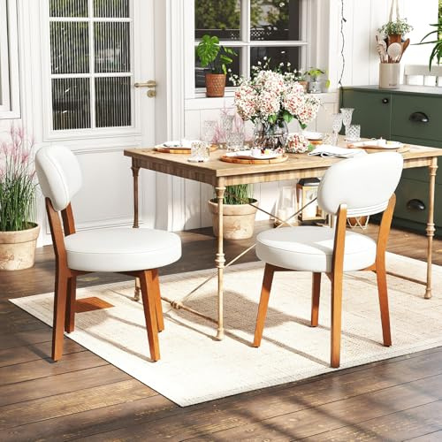 Ckaff Esszimmerstühle 2er Set, Küchenstuhl Polsterstuhl Wohnzimmerstuhl mit Rückenlehne und Beine aus Massivholz, Stuhl Esszimmer aus PU Leder für Esszimmer Wohnzimmer Schlafzimmer, Weiß