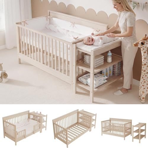 BTM Babybett mit Wickelkommode Höhenverstellbar Babybett mitwachsend Umschaltbar zum Baby Beistellbett/Kinderbett Massivholz