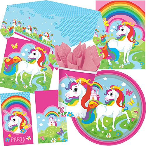 105 Set Party * de licorne arc-en-ciel * Assiettes pour anniversaire d'enfant et Party//de Devise avec + Gobelet + Serviettes + Nappe + Invitations + Sachets de fête + Serpentins + ballons//Licorne