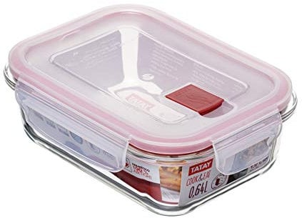 Tatay Fiambrebra de Alimentos, Vidrio, Hermética, 0.64L de Capacidad, Tapa de Clip, Libre de BPA, Apto Microondas, Horno, Congelador y Lavavajillas, Color Rojo. Medidas 13.7 x 17.9 x 6.3 cm