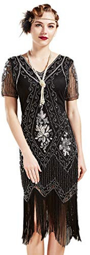 BABEYOND 1920s Kleid Damen Flapper Kleid mit Kurzem Ärmel Gatsby Motto Party Damen Kostüm Kleid (SchwarzSilbern, 3XL)