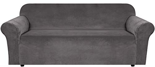 H.VERSAILTEX Stretch Velvet Sofa Covers for 3 Cushion Couch Covers Sofa Slipcovers Furniture Protector Soft with Non Slip Elastic Bottom, Crafted from Thick Comfy Rich Velour (Sofa 72-90, Gray)