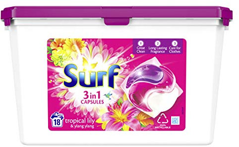 Surf 3-in-1 Tropical Lily & Ylang-Ylang with Long-Lasting Fragrance Washing Capsules for Brilliantly Clean Laundry 18 Washes (Pack of 3)