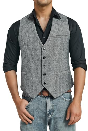 HISDERN Gilet da Uomo Tweed Elegante Abito Gilet Lana Formale Matrimonio Gilet Senza Maniche Panciotto Uomo Grigio L