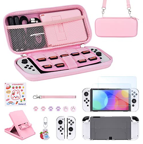Younik Pacchetto Accessori Switch OLED, kit Accessori OLED rosa 17 in 1 per Ragazze Include Custodia per Switch, Supporto Regolabile, Custodia Protettiva per Console Switch e J-Con (Rosa Brillante)