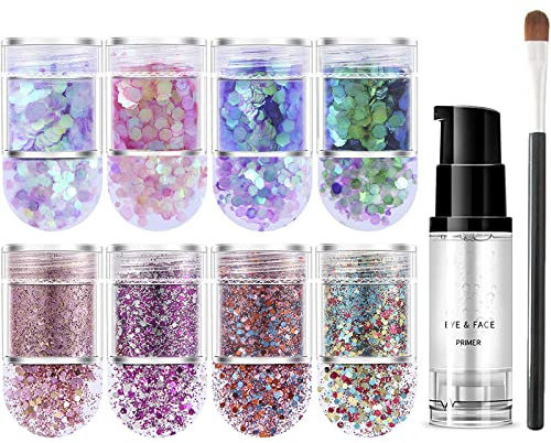 KAYZON Chunky Glitter Set, 8 Colors (Holographic, High-Strength Pigment), Face, Eyes, Lips, Body, Nails, Hair, Crafts, Includes Fix Gel and Brush