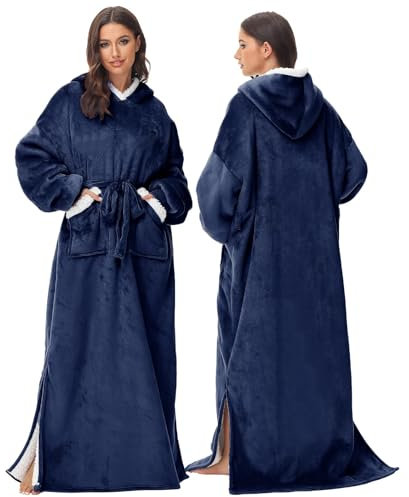 FEELJAM Decke mit Ärmel Pullover Decke Hoodie, Kuscheldecke mit Ärmeln und Kapuze Erwachsene Ganzkörperdecke als TV Decke Navy blau, 80 x 180 cm