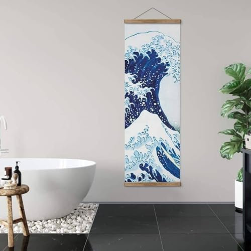 K&L Wall Art Vintage Stoffbild Poster Hokusai Die große Welle vor Kanagawa ohne Zubehör Japanische Banner Kunstdruck 30x90cm