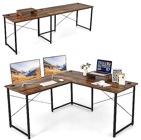 GIANTEX Schreibtisch Eckschreibtisch L-Form Computertisch umkehrbar PC-Tisch mit Monitorständer 2 Kombinationen Computerschreibtisch Winkelschreibtisch Bürotisch Ecktisch Gaming-Tisch (Rustikal Braun)