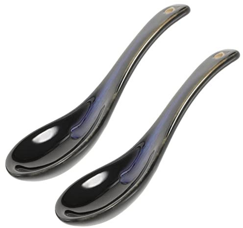 UPKOCH 2 PièCes CuillèRes En CéRamique Bleue - CuillèRes Chinoises Pour Soupe, Ramen, Udon, Bouillie Et ApéRitifs - Design Ergonomique Avec Trou De Rangement Facile