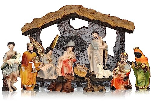 Geetery Cartoon-Weihnachtskrippen-Set enthält Krippe und Figuren, rustikale Kunstharz, bunte Weihnachtskrippe, religiöse Tischfiguren, Dekorationen für christliche Kinder, Tischdekoration (einfach)