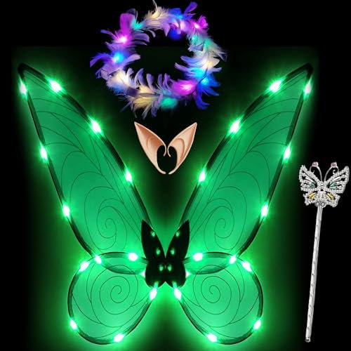 YeahBoom Ailes de Fée Lumineuses à LED,Ailes de Papillon avec Oreilles d'Elfe,Bandeau de Fée à LED Et Baguettes de Fée,Ailes de Fée à LED,Ailes de Princesse pour Halloween,Cosplay,Fête d'anniversaire