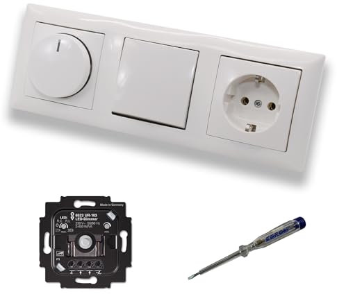 Busch Jäger 6523UR-103 LED Drehdimmer Dimmer + Dimmerscheibe 2115-914 + Taster 2020US + Steckdose 20EUC-914 Balance Si alpinweiß glänzend + EBROM Phasenprüfer z. Montage der Geräte 6523 UR-103