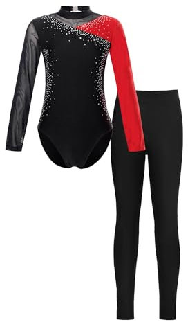 iEFiEL Mädchen Turnanzug Langarm Glitzer Gymnastik Kleidung Set Ballett Trikot Langarmbody mit Lange Hose Kinder Gymnastikanzug Zc Rot + Schwarz 134-140