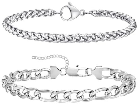 GoPaw 2 StüCke Herren Edelstahl Armband19/20/21CM (5/7/8mm) (19CM, Silber-5MM Breit)