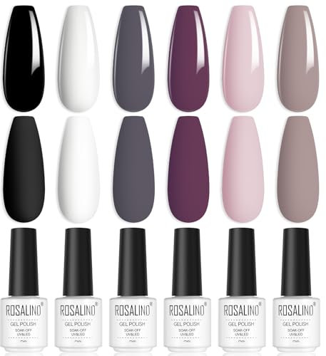 ROSALIND UV Nagellack, 6 Farben Schwarz Weiß Rosa Violett Grau Shellac Gel Nagellack Set Soak-Off UV Gel Nail Polish für Anfänger Nail Art Salon DIY