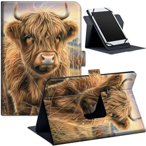 Universal Case for 9 10 10.1 inch Tablet, Fit for Fire HD 10 Tablet Case, Stand Folio Protective Cover for 9.5-10.5 Inch, with Adjustable Fixing Band and Multiple Viewing Angles, Highland Woolly Cow