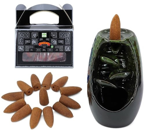 Rückfluss Räucherkegelhalter Wasserfall, Weihrauchbrenner mit Rückflusskegel Satya Nag Champa (Starter Set Grün)