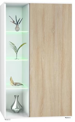 Vladon Vitrine Davos, Made in Germany, Standvitrine mit 3 Glasböden und 8 Fächer inkl. LED, Weiß matt/Eiche sägerau (71,5 x 134 x 35 cm)