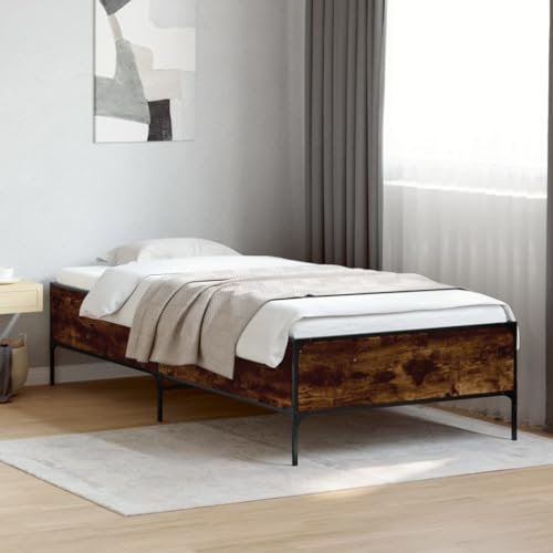 vidaXL Bettgestell, Bett mit Metallbeine Sperrholzlatten, Einzelbett für Schlafzimmer, Modern, Räuchereiche 90x200cm Holzwerkstoff Metall