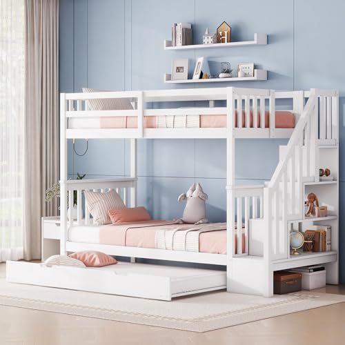 Kinderbett Etagenbett 90×200 mit Ausziehbares Rollbett und 4 Speicherung Treppenregal, Hochbett Funktionsbett Stockbett Holzbett Jugendhochbett mit Rausfallschutz und Lattenrost, Weiß, Ohne Matratze