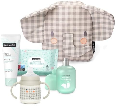 Suavinex, Mochila Guardería para Bebés, Canastilla - Regalo para Bebé con: Baby Cologne Memories 100 ml + Crema Pañal 50 ml + Pack 25 Toallitas Dermohidratantes + Taza de Aprendizaje, Elefante Gris