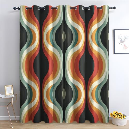 THYUNQ Vorhänge Retro 70er Motiv, Vorhang Blickdicht Verdunklungsvorhänge Thermovorhang mit Ösen, Gardinen Wohnzimmer Schlafzimmer Fenster, 2er Set Curtains, H 200 x B 140 cm