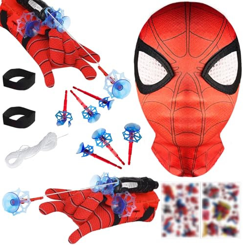 STFYUG 2 stück Launcher Handschuh, Spiderm Handschuhe Kinder, Spiderm Hero Handschuhe, Spiderm Spinnennetz Werferr mit Maske und Aufkleber Cosplay, Spiderm Handschuhe, Spidey Spielzeug