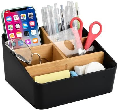 Ehuihuan Schreibtisch Organizer, 5 Fächer Bambus Büro Organizer mit Stifthalter, Multifunktional Aufbewahrungsbox, Desk Organizer für Stifte, Smartphones, Kosmetika (Schwarz)