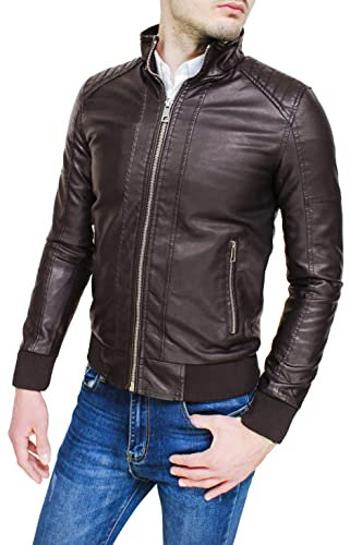 Evoga Giubbotto giacca uomo casual nero slim fit in ecopelle giubbino bomber moto chiodo (IT, Testo, XL, Regular, Regular, Marrone)