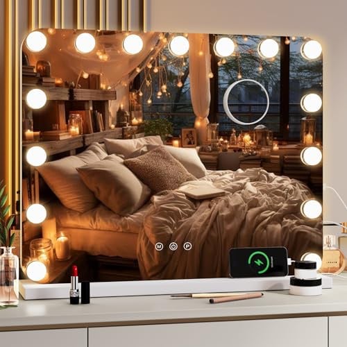 MAMIZO Schminkspiegel mit Beleuchtung,58x46cm,Hollywood Spiegel,15LED,3 Lichtfarben, Enstellbare Helligkeit,mit USB und Type-C,Abnehmbare Lupe,Kosmetikspiegel mit Licht,Wandspiegel,Tischspiegel,Weiß