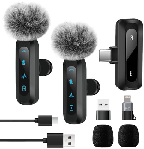 2-Pack Micrófono inalámbrico de Solapa para iPhone/iPad/Android/PC, Mini Micrófono con Reducción de Ruido, Microfonos de Solapa con Clip para grabación de vídeo, Vlogging, Tiktok, Youtube