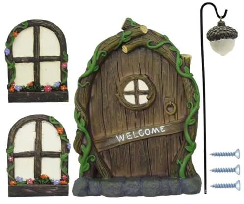 Ligeinsrk Feengarten -Kit, Harzfenster und Märchentür für Baumstamm, Glühen im Dark Garden House mit Laterne, Accessoires für Rasen Yardgarden