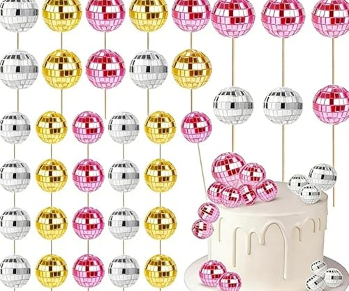 Disco Ball Cake Decorations, 30 Pcs Mini Disco Balls Cake Toppers with Bamboo Sticks, 1970s DiscoThemed Cupcake Toppers for Disco Theme 70's Party Supplies - Pink Gold Silver