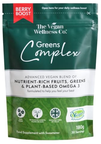 The Vegan Wellness Co. Greens Complex Berry Boost Powder, 1 x 180g Pouch Advanced Greens, Fruits and Superfood Blend for Overall Wellness