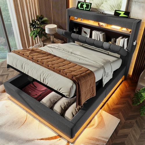 FEZTOY Polsterbett 90x200 cm, Stauraum-Kopfteil mit USB- und Typ-C Ladefunktion, Einzelbett mit Hydraulischem Stauraum, Bettgeltell mit LED und Lattenrost, Leinen, Grau, ohne Matratze