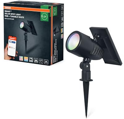 Osram SMART+ Outdoor Bluetooth Solar-Gartenspieß Spot, mit regulierbarem Weißlicht (3000K-6500K) + Farblicht, ohne Strom nutzbar, bis acht Stunden Brenndauer, Schutzklasse IP44, schwarz