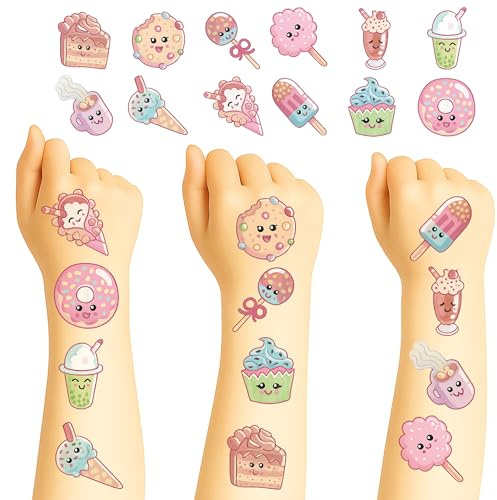 Playwrite Party Tattoos – 24 Assorted Sweet Treat Temporary Tattoos for Kids – Cute Food Designs – Easy Apply & Remove – Party Bag Fillers, Birthday Favours, Rewards & Prizes