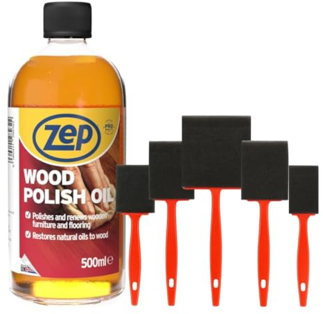 Zep Wood Polish with 5 Foam Brushes – 500ml Nourishing Orange-Scented Oil Wood Cleaner & Conditioner for Wood Furniture & Flooring – Restores Natural Oils – For Indoor & Outdoor Use