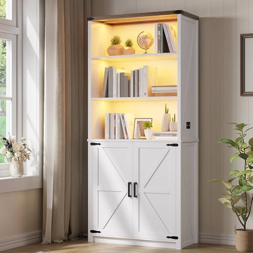 FREDEES Tall LED Bookcase with Doors and Shelves, 175CM, White