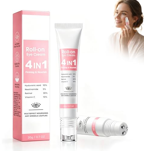 Anti-Aging Augencreme mit Hyaluronsäure, Retinol & Vitamin C – Gegen Augenringe, Tränensäcke & Falten, Straffende und Feuchtigkeitsspendende Pflege mit 360° Massageball, 20g