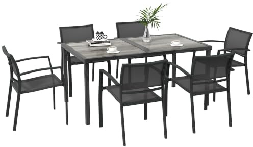 Outsunny 7 TLG. Sitzgruppe Gartenmöbel-Set mit 1 Esstisch Dunkelgrau | 4 stapelbaren Stühlen, Gartengarnitur, Sitzgarnitur, Möbelsets für Terrasse, Mesh