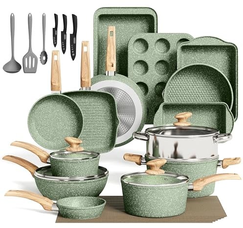 Kitchen Academy Töpfe und Pfannen Set Induktion Antihaftbeschichtete | 30-teiliges Küchen-Kochgeschirr & Backgeschirr-Set, Grün Granit-Kochpfannen-Set, PFOA- und PFOS-frei, leicht zu reinigen